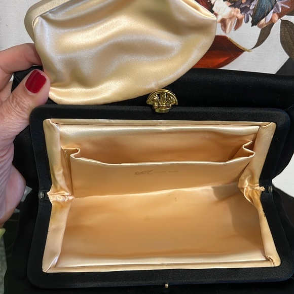 Vintage Art Deco Pure Silk Black Luxury Evening Clutch with Gold Fan Clasp 1950s